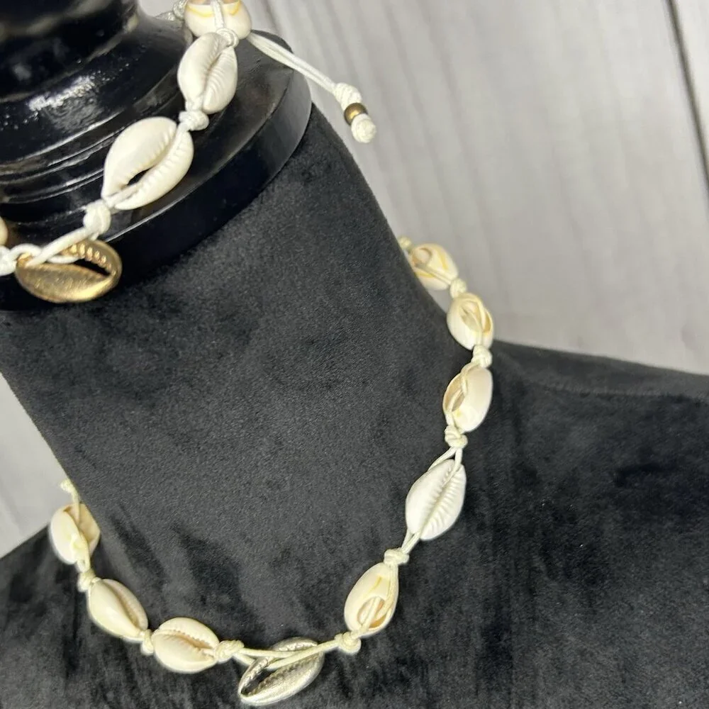 Cowrie Shell Choker Necklace and Bracelet Set Boho Surfer Y2K Beach Fashion